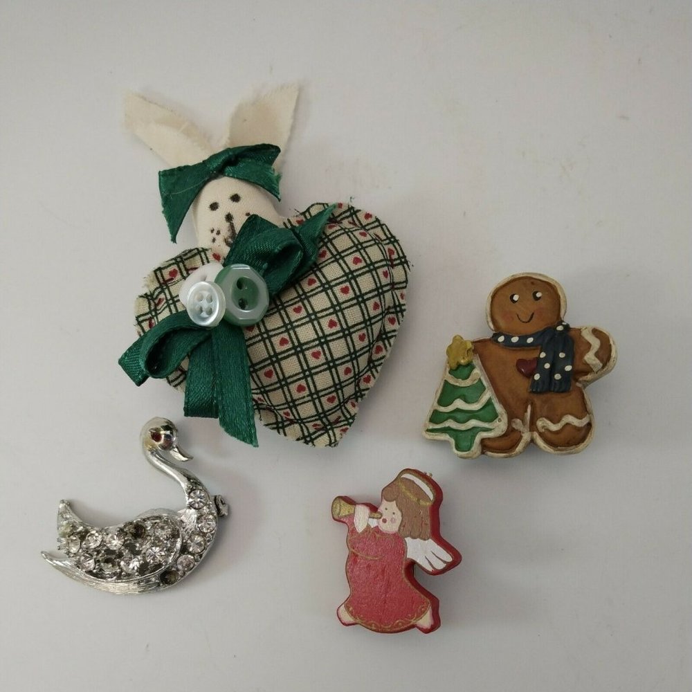4 pc Vintage PIN Brooch LOT Rhinestone Bunny Gingerbread Man Angel Swan Crafting